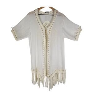 VIVID IMPORTERS WHITE CROCHET FRINGE COVER-UP CARDIGAN – SIZE L – BOHO STYLE